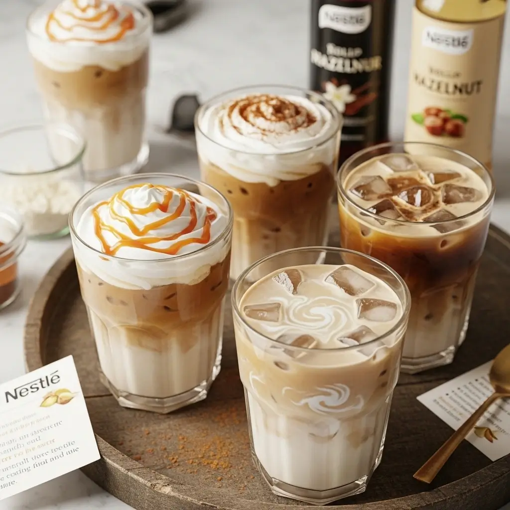 Variety of Nestle iced coffee drinks with toppings like caramel, cinnamon, and flavored syrups on a cozy kitchen counter