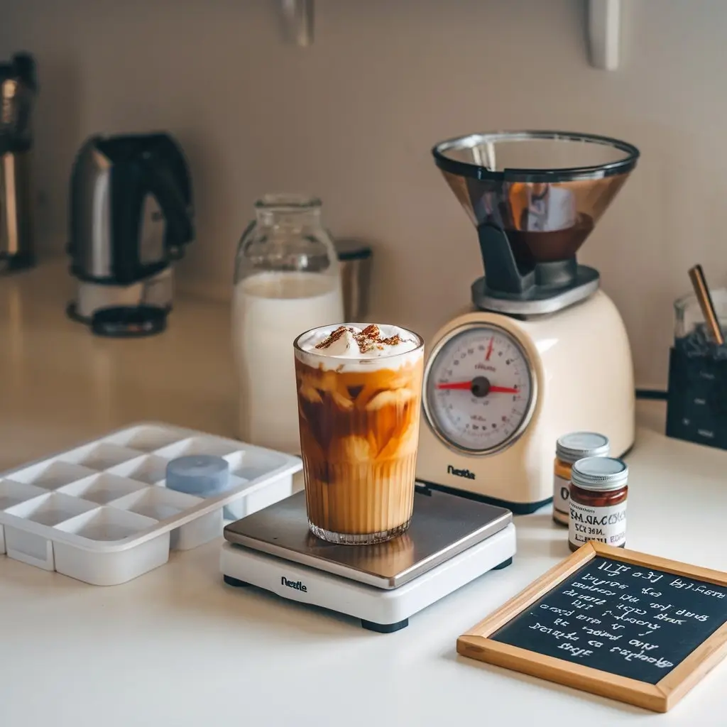 Nestle iced coffee on a kitchen counter with barista tools and handwritten tips for perfect homemade coffee