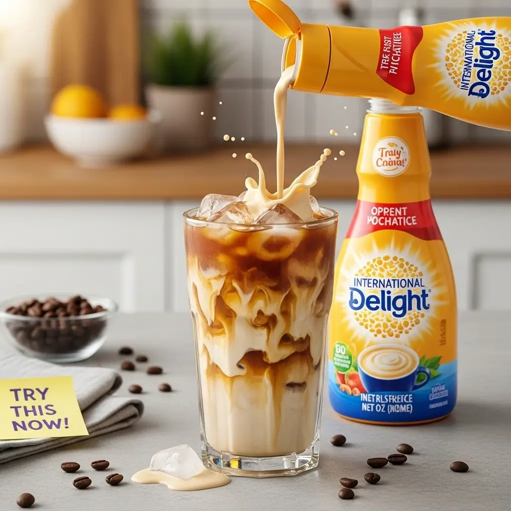 Creamy International Delight iced coffee in a glass with ice, creamer being poured, and whipped topping