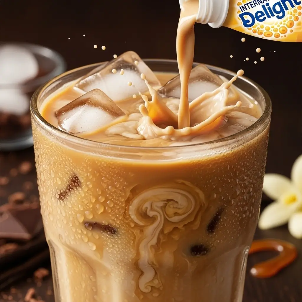 Close-up of creamy International Delight iced coffee being poured over ice with rich textures and condensation