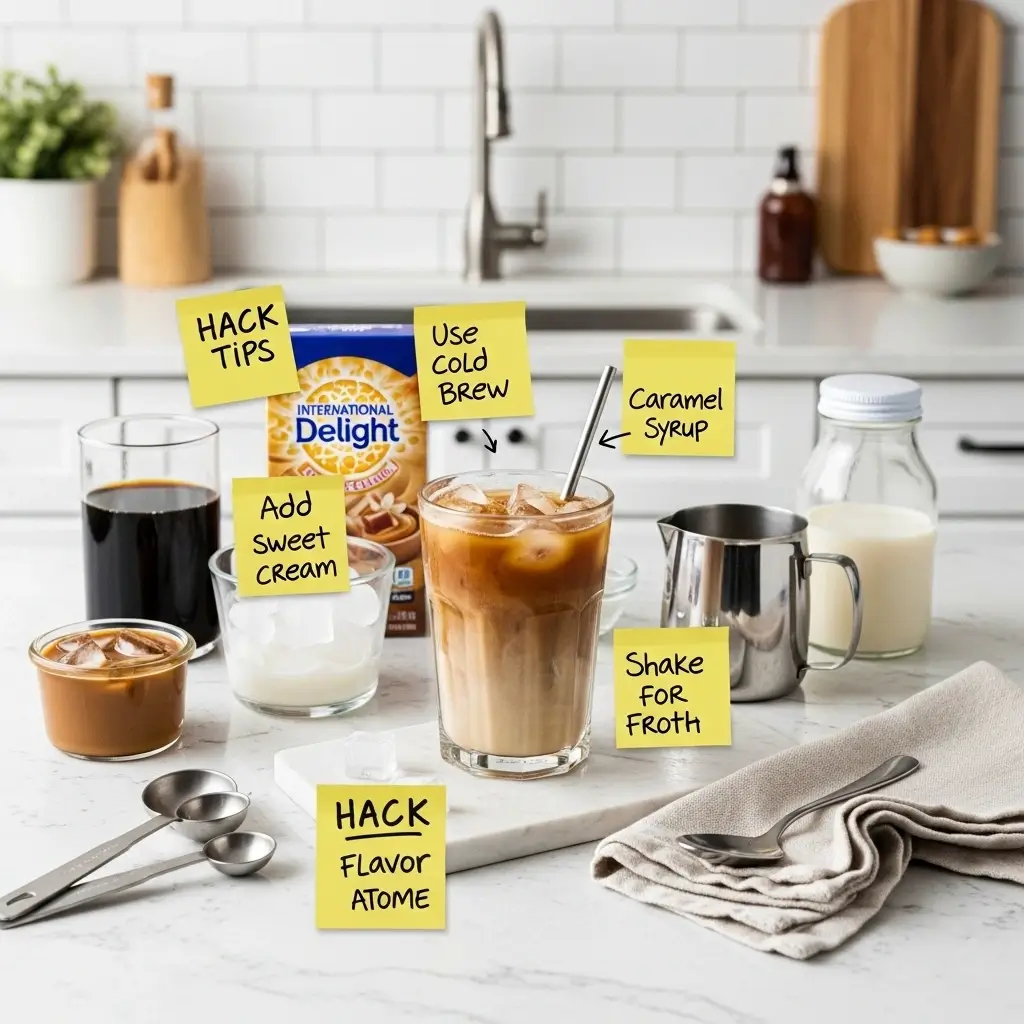 Homemade iced coffee with syrups and creamer on a kitchen counter, surrounded by simple DIY tools and flavor tips