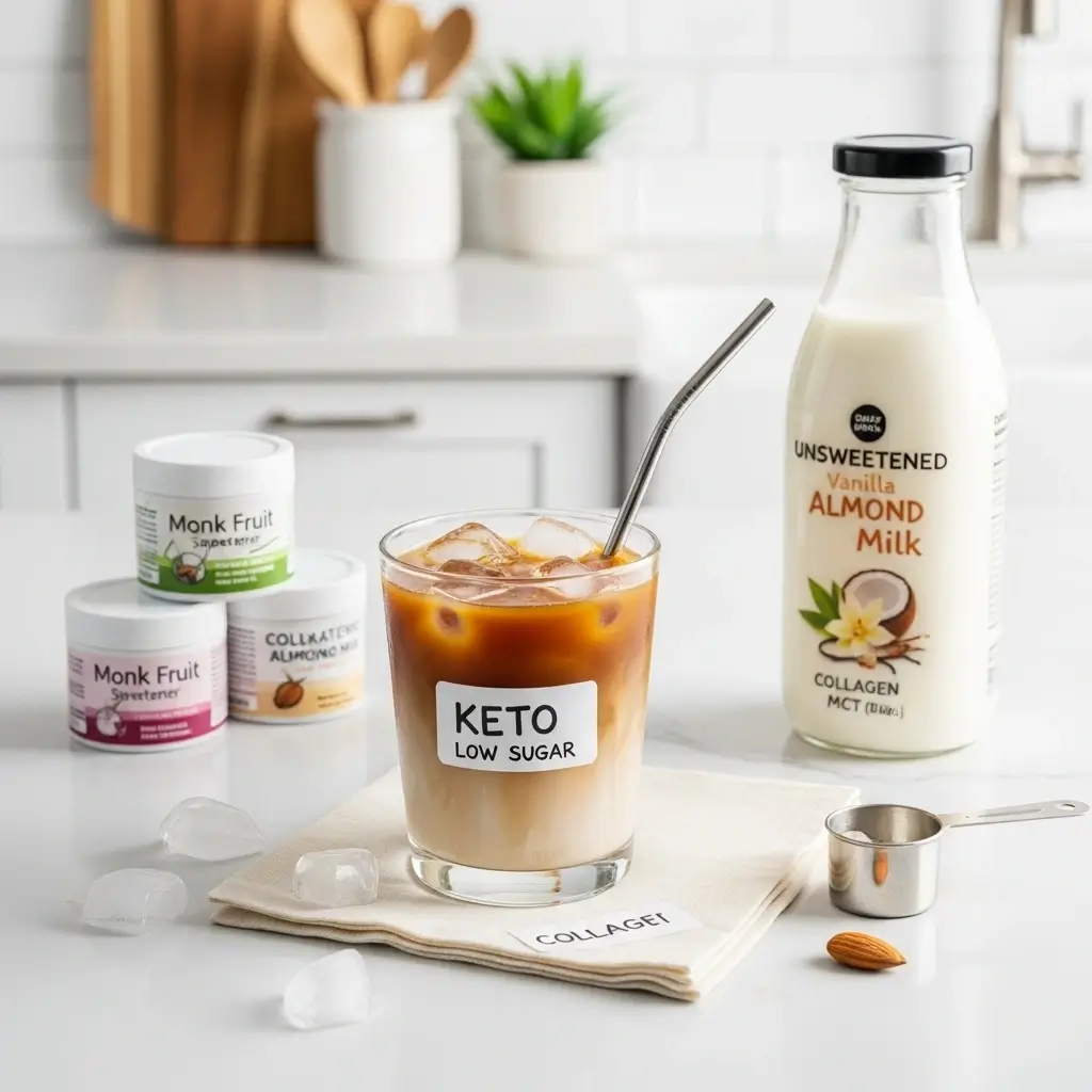 Low sugar iced coffee made with almond milk and keto ingredients on a bright kitchen counter