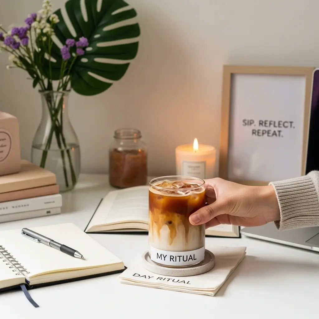 Cozy daily iced coffee setup with a journal, laptop, and rich creamy coffee in natural lighting