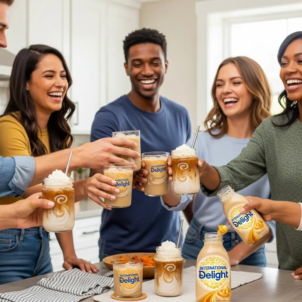 Group of friends enjoying International Delight iced coffee in a bright, cheerful setting with laughter and conversation