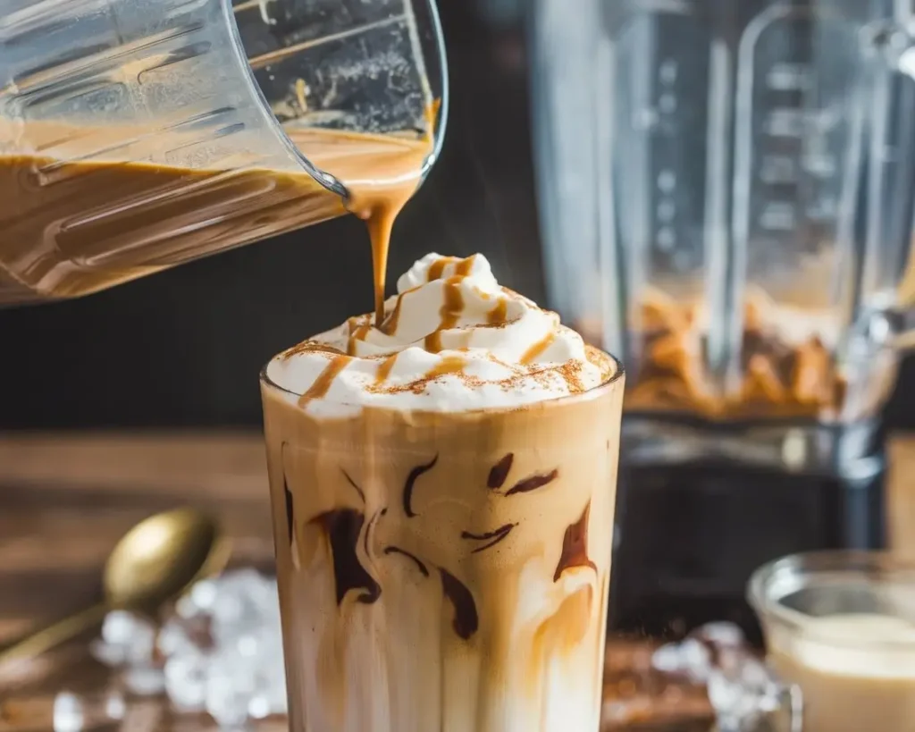 Blended iced coffee being poured into a tall glass with rich texture, creamy swirl, and icy layers