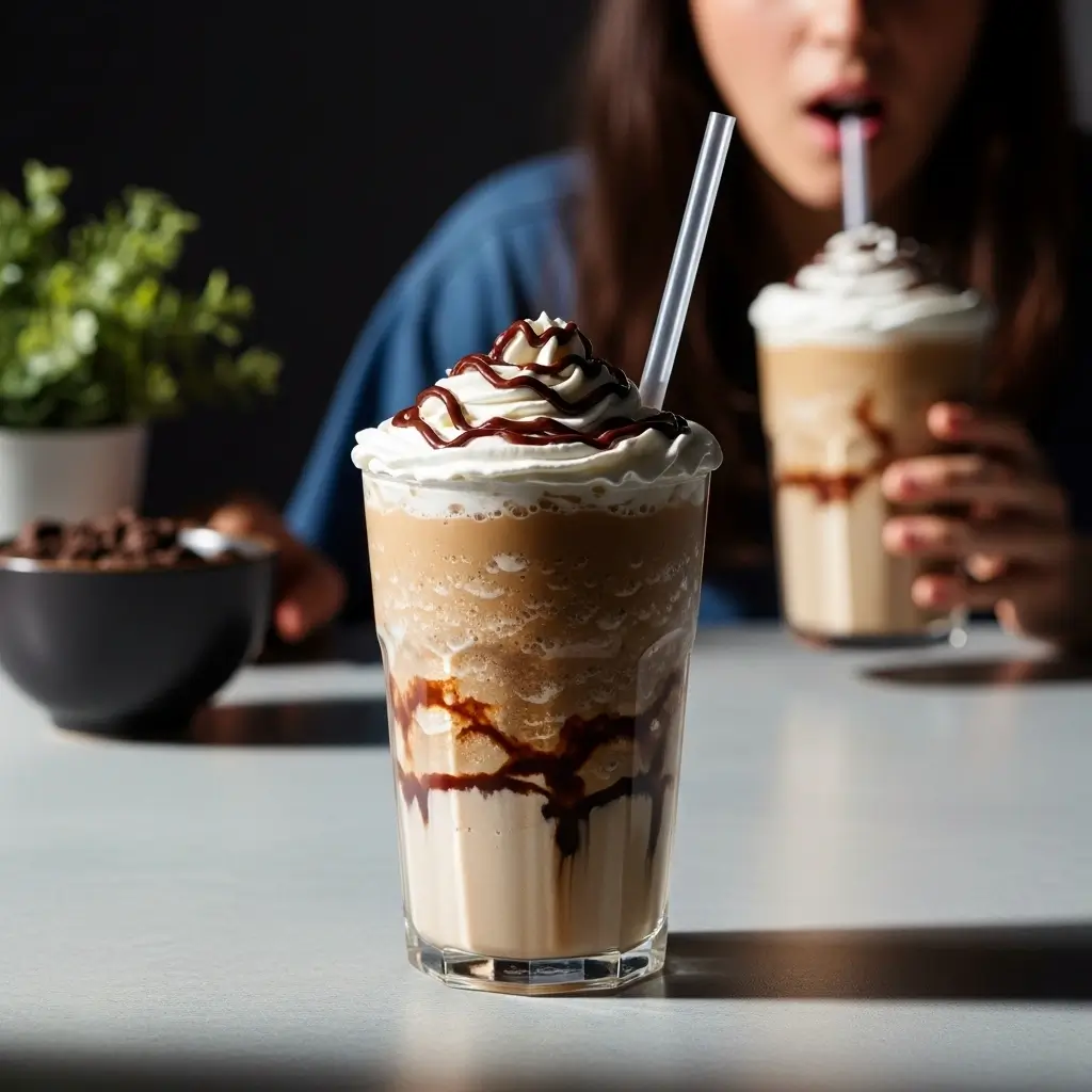ich and frosty blended iced coffee with whipped cream and caramel drizzle on a warm-toned table