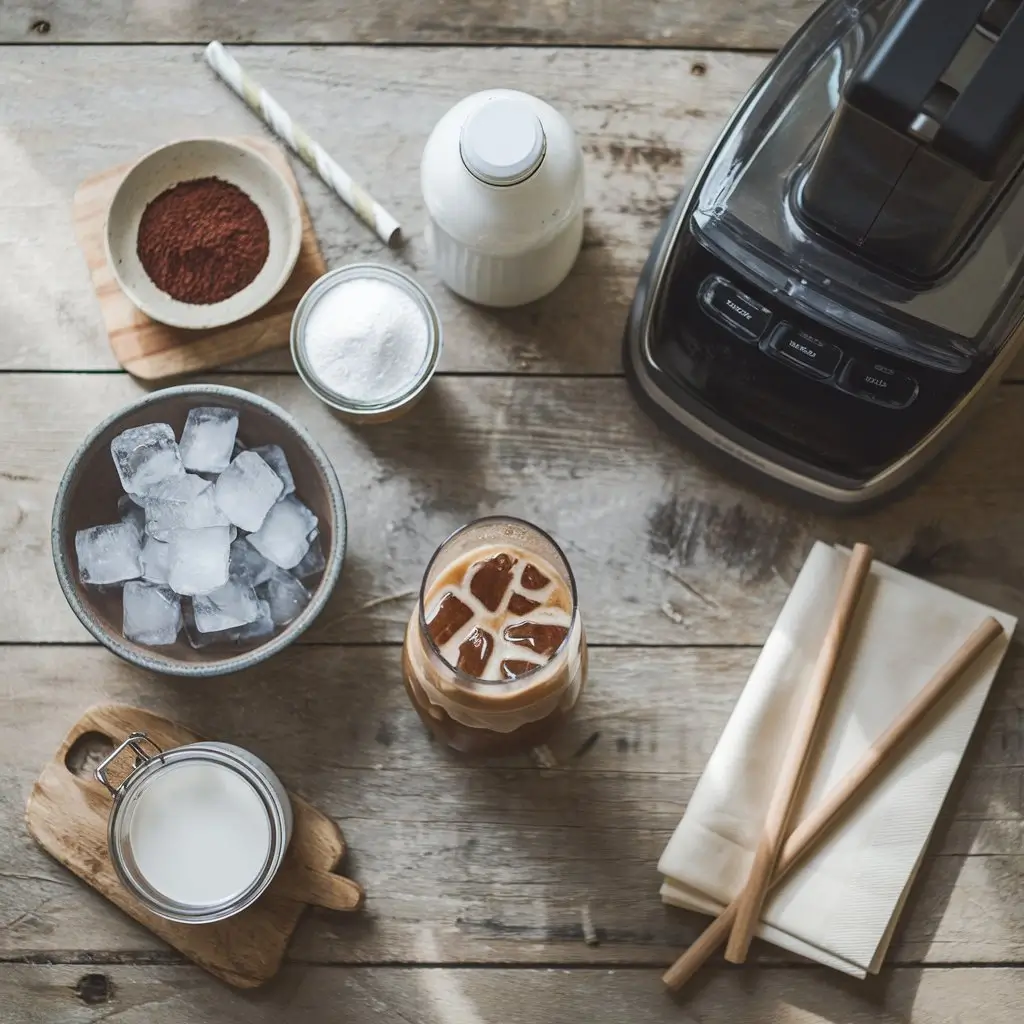 Flat lay of ingredients and tools for making the best blended iced coffee at home