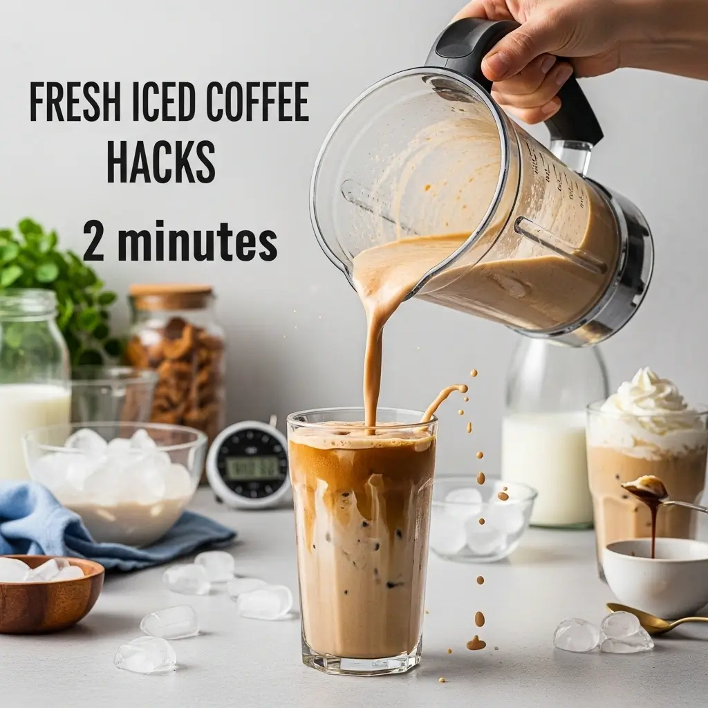 Blended iced coffee being poured into a glass from a blender with icy swirl and creamy texture