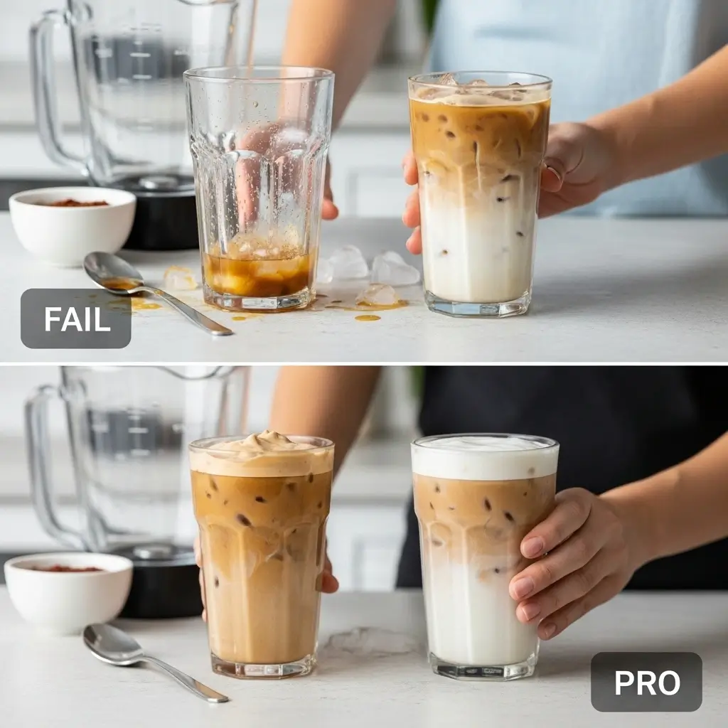 Side-by-side image of failed vs. perfect blended iced coffee with clear visual differences