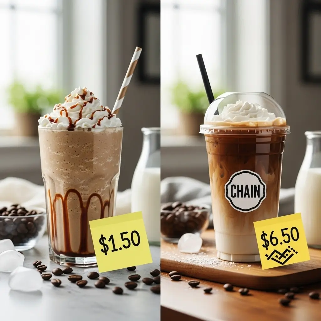 Side-by-side of homemade blended iced coffee and a store-bought iced coffee with visible quality and cost difference