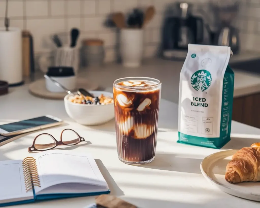 Morning routine with Starbucks-style iced coffee blend, journal, breakfast, and warm sunlight