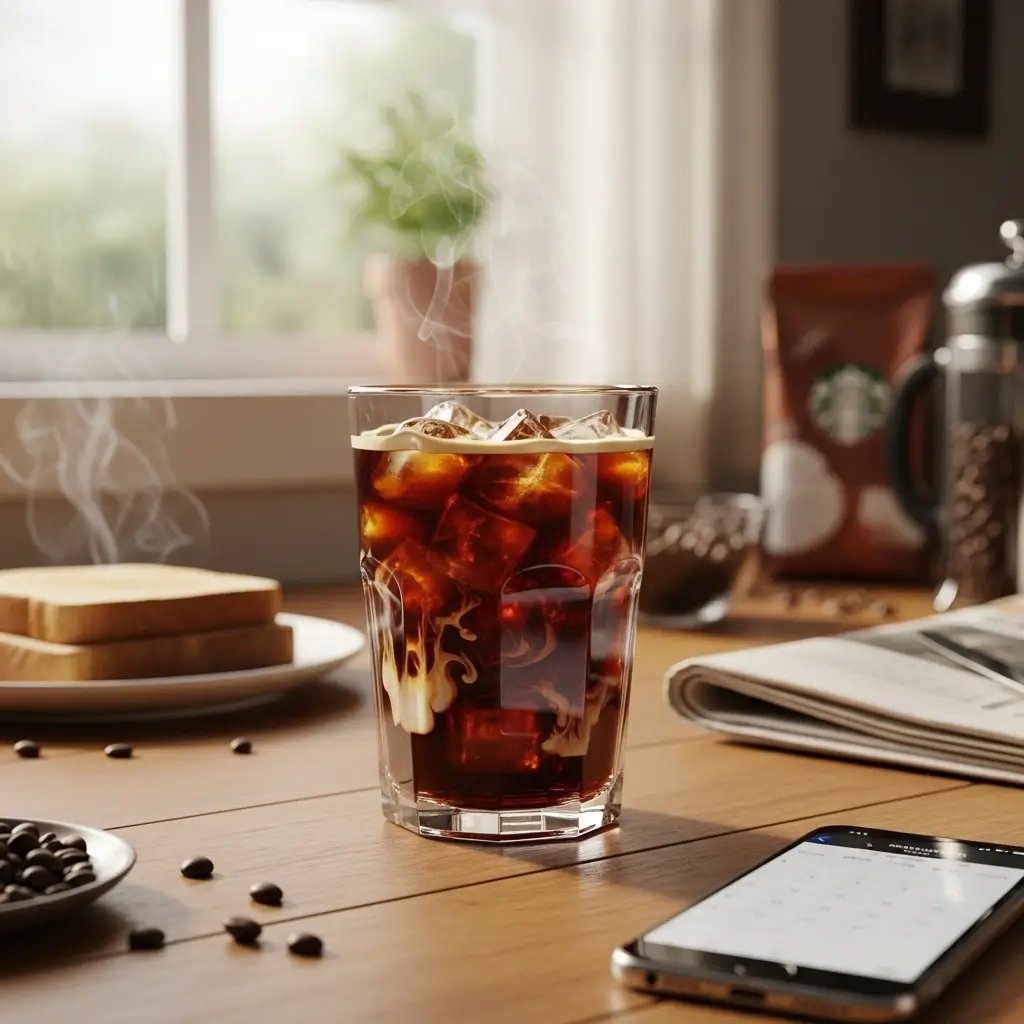 Close-up of Starbucks-inspired iced coffee blend on a morning kitchen counter with sunlight and breakfast hints
