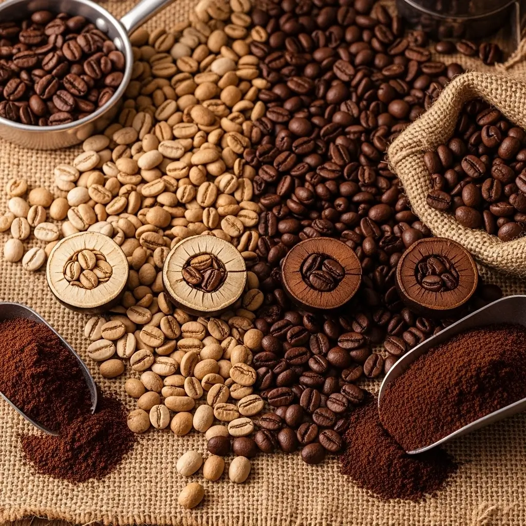 Close-up of coffee beans at various roast levels with cross-section and roasting tools on a rustic surface
