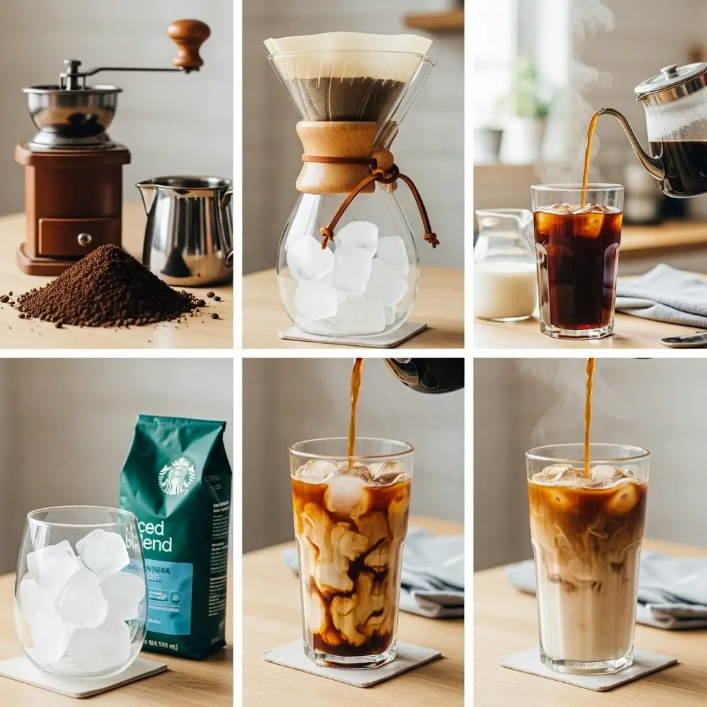 Step-by-step brewing process for homemade Starbucks-style iced coffee with fresh grounds, coffee maker, and iced glass