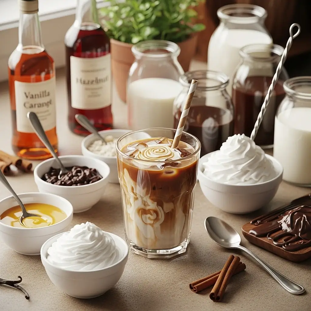 Home coffee bar with Starbucks-style iced coffee and various syrup, milk, and topping options for customization