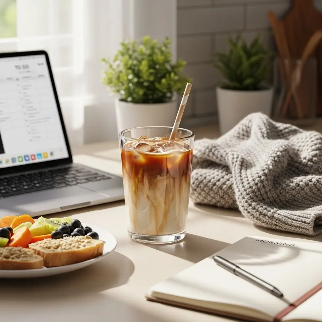 Morning routine scene with Starbucks-style iced coffee, laptop, journal, and healthy breakfast in natural sunlight