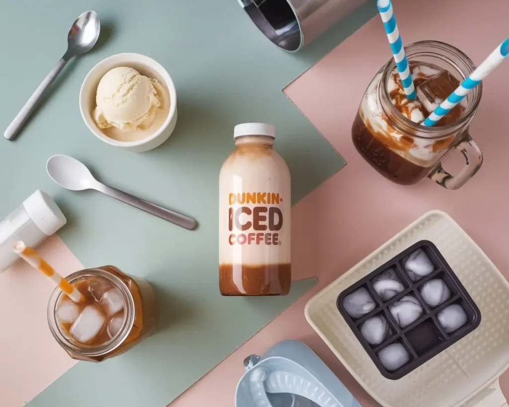 Flat lay showing four creative Dunkin-style bottled iced coffee hacks with ice cream, syrup, blender, and ice cube tray