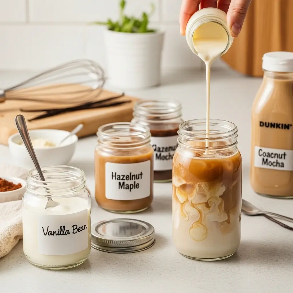 Dunkin-style iced coffee with homemade flavored creamers in jars, being poured into glass for flavor upgrade