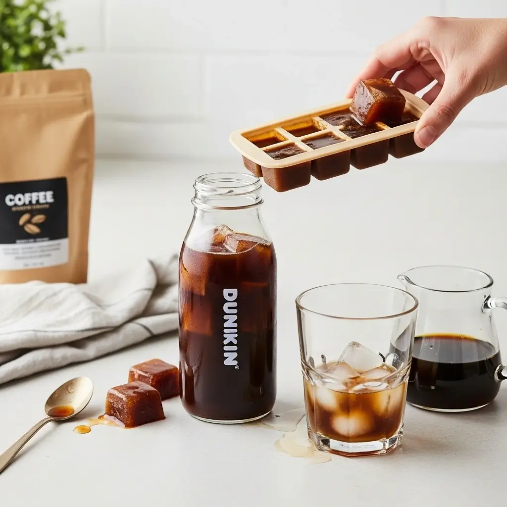 Coffee ice cube tray and glass of Dunkin-style iced coffee with frozen coffee cubes to prevent dilution