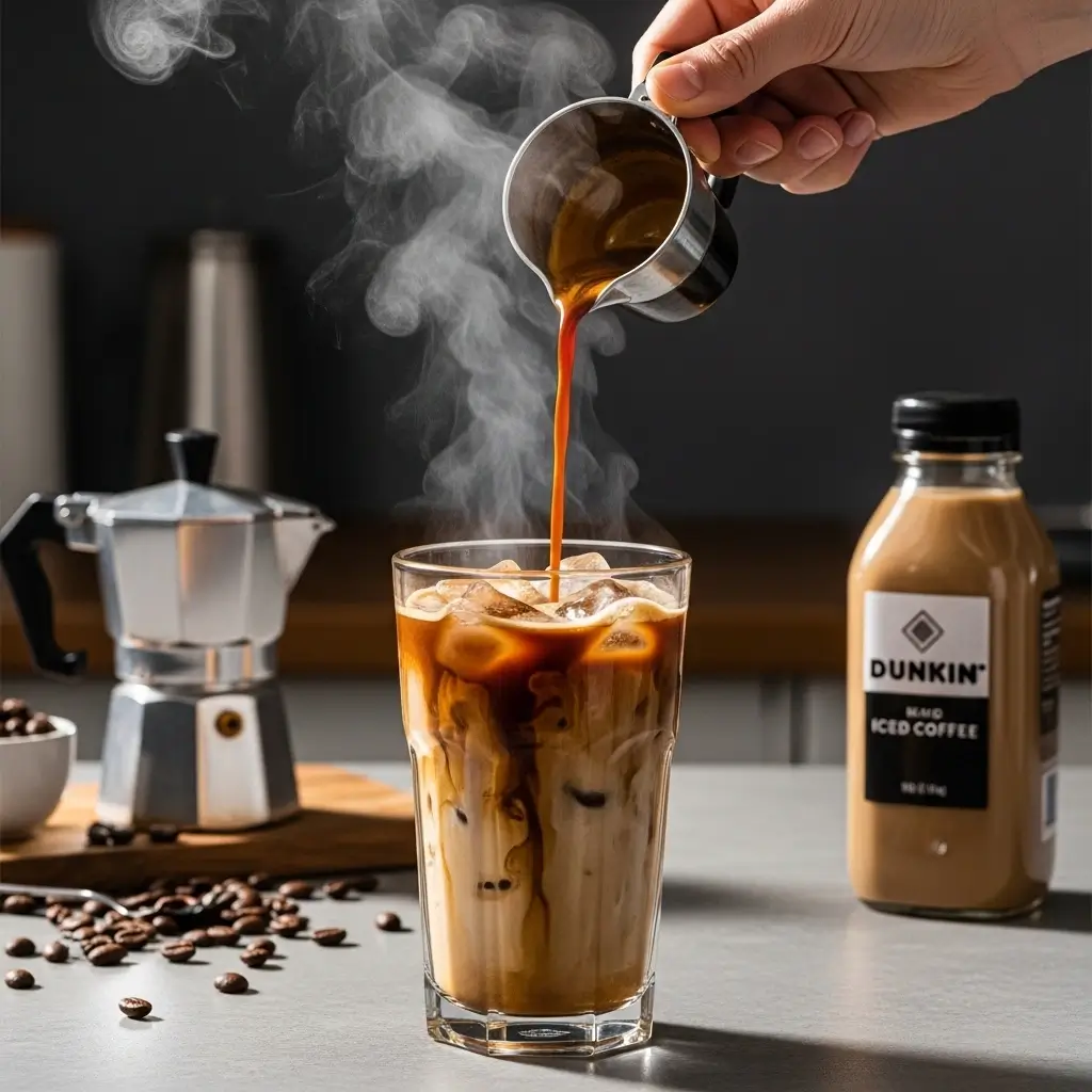 Fresh espresso shot being poured into a glass of Dunkin-style iced coffee with ice