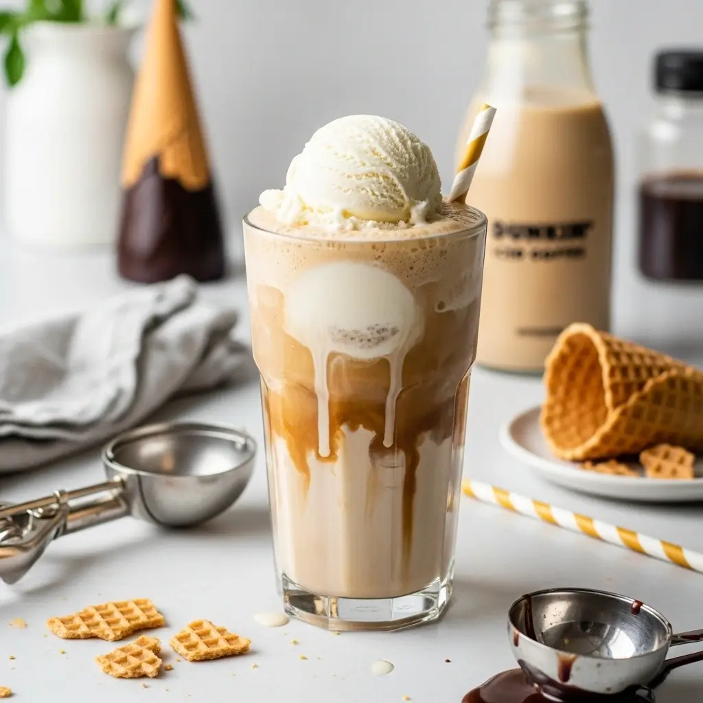 Dunkin-style iced coffee float with vanilla ice cream melting into a glass of iced coffee