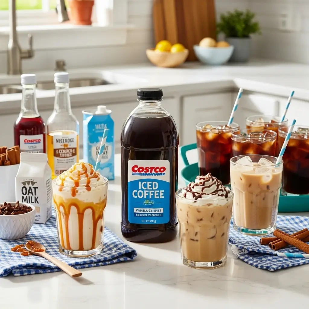 Costco-sized iced coffee bottle on counter with three flavored iced coffee drinks and mix-ins