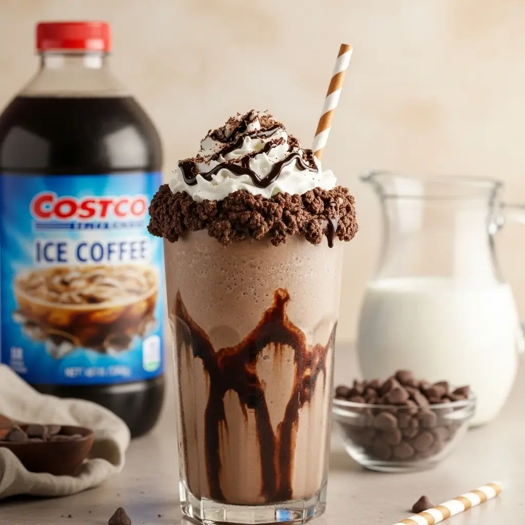Frosty glass of mocha iced coffee shake topped with whipped cream and chocolate drizzle next to Costco-style iced coffee bottle