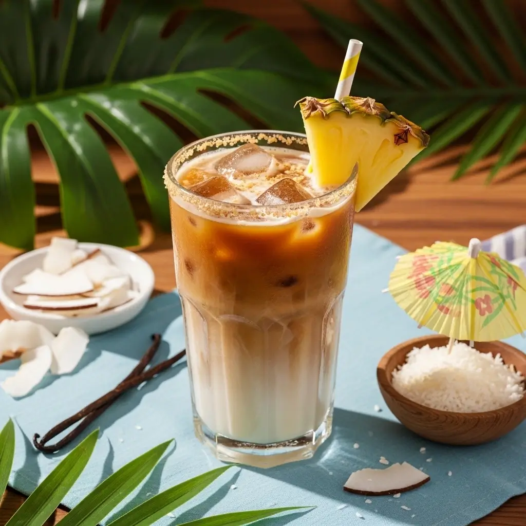 Tropical coconut vanilla iced coffee in a clear glass garnished with pineapple slice and toasted coconut flakes