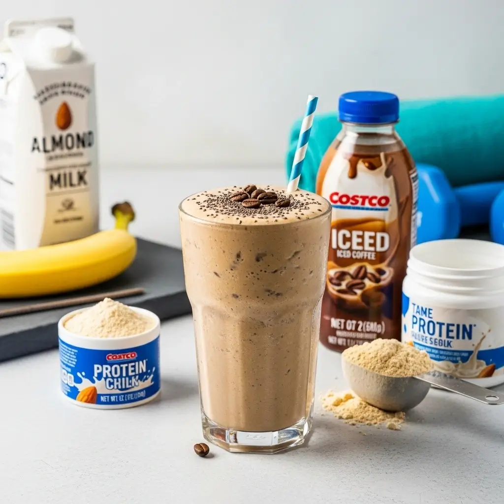 Protein-packed iced coffee smoothie in a glass with chia seeds, protein powder, and a Costco-style iced coffee bottle nearby