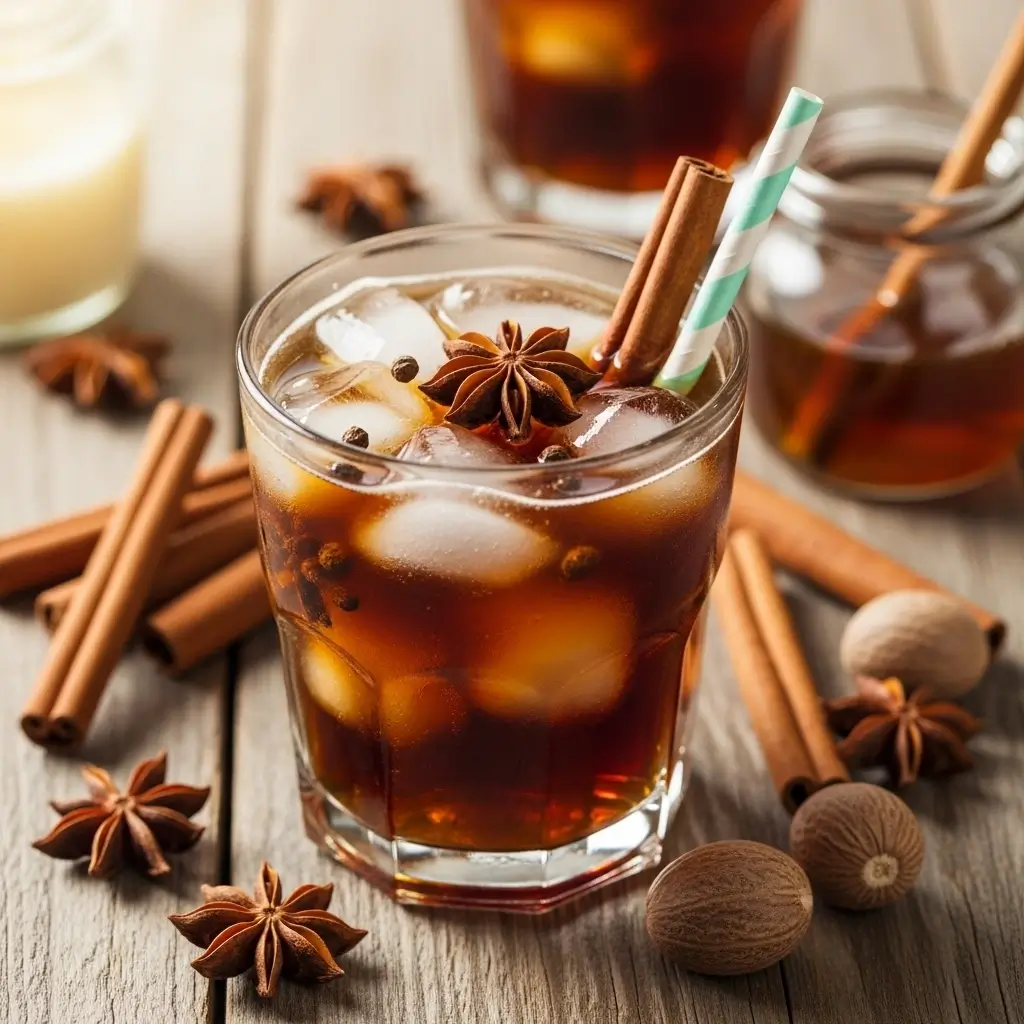 Glass of spiced iced coffee with cinnamon stick, star anise, and nutmeg on a rustic wooden table