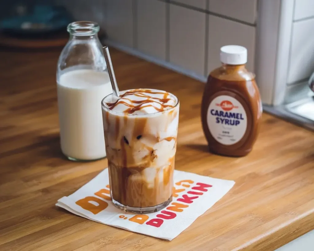 p143-1Caramel iced coffee in glass with ice, milk, and caramel syrup