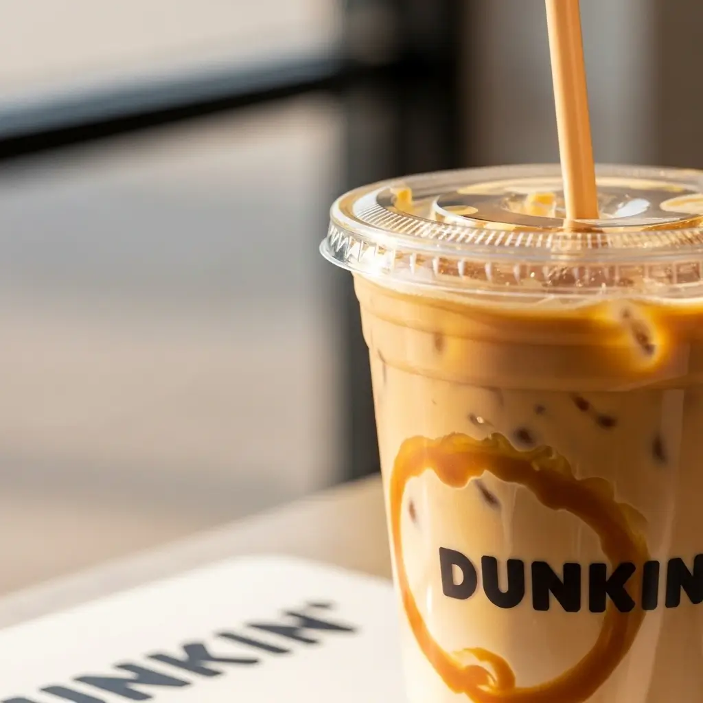 Close-up of Dunkin-style caramel iced coffee with caramel swirl and ice