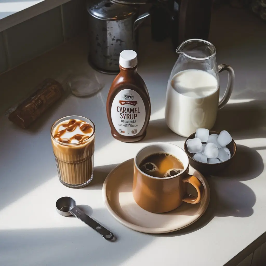 Flat lay of caramel iced coffee ingredients including milk, caramel syrup, and coffee