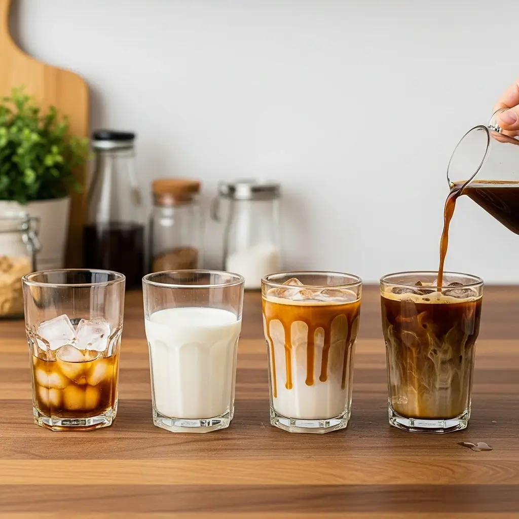 Step-by-step process of making caramel iced coffee with ice, milk, caramel, and coffee
