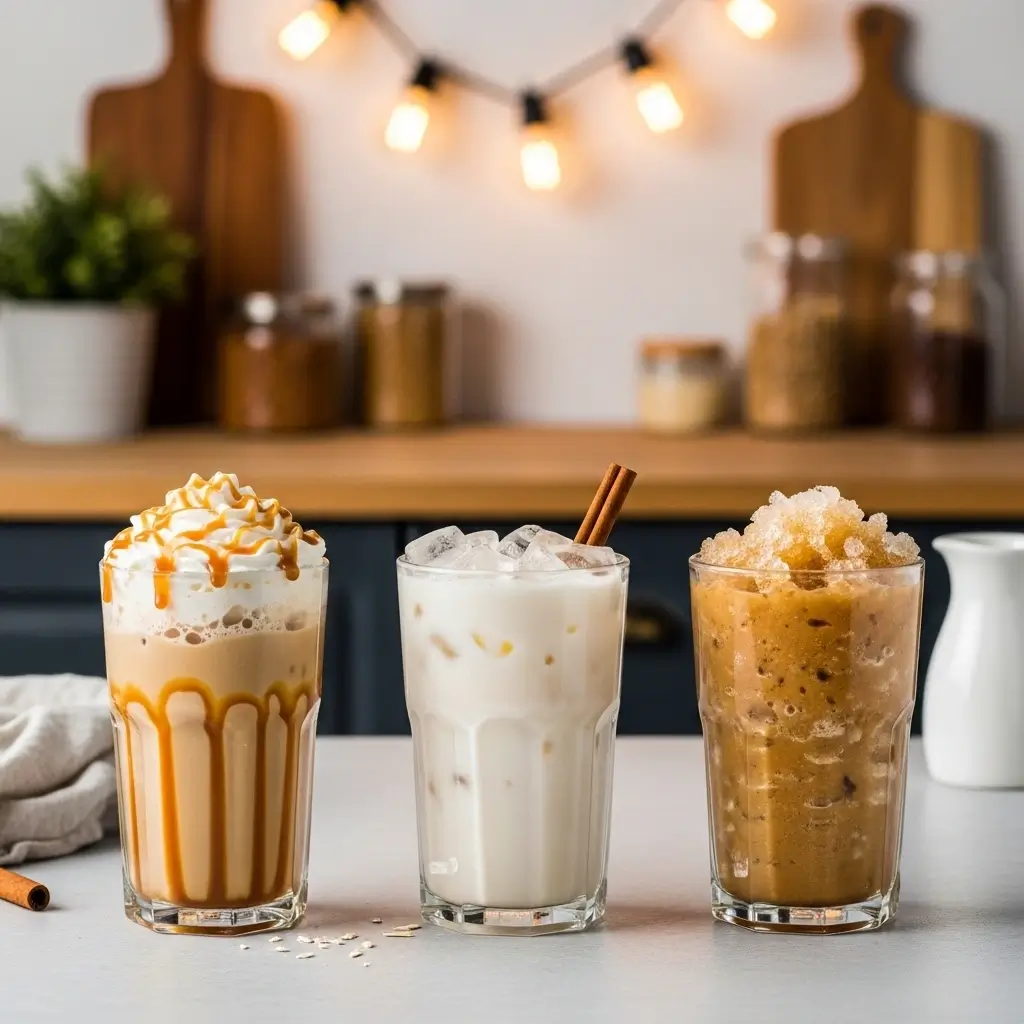 Three caramel iced coffee variations with toppings and different ingredients