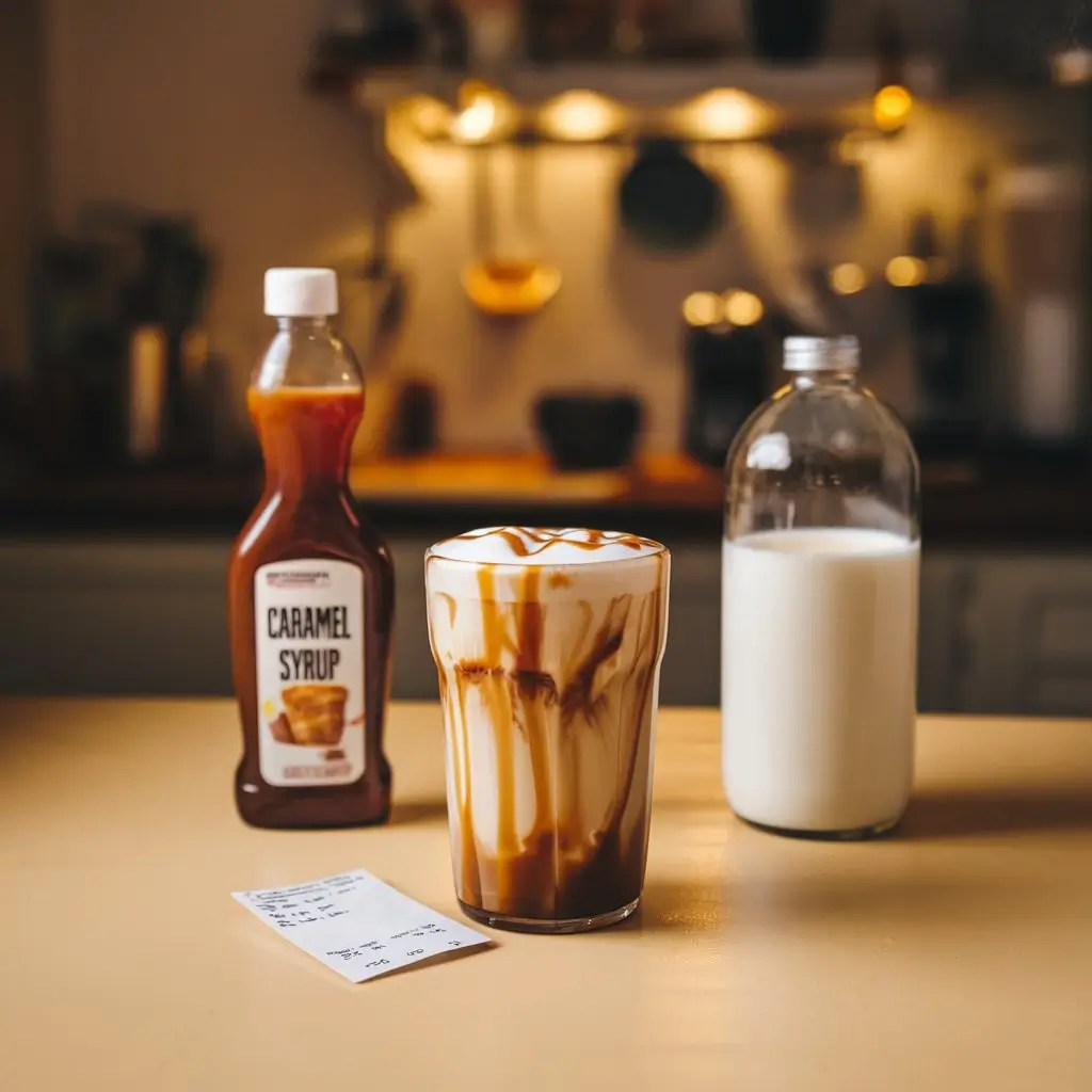 Homemade caramel iced coffee with ingredients and a receipt showing savings