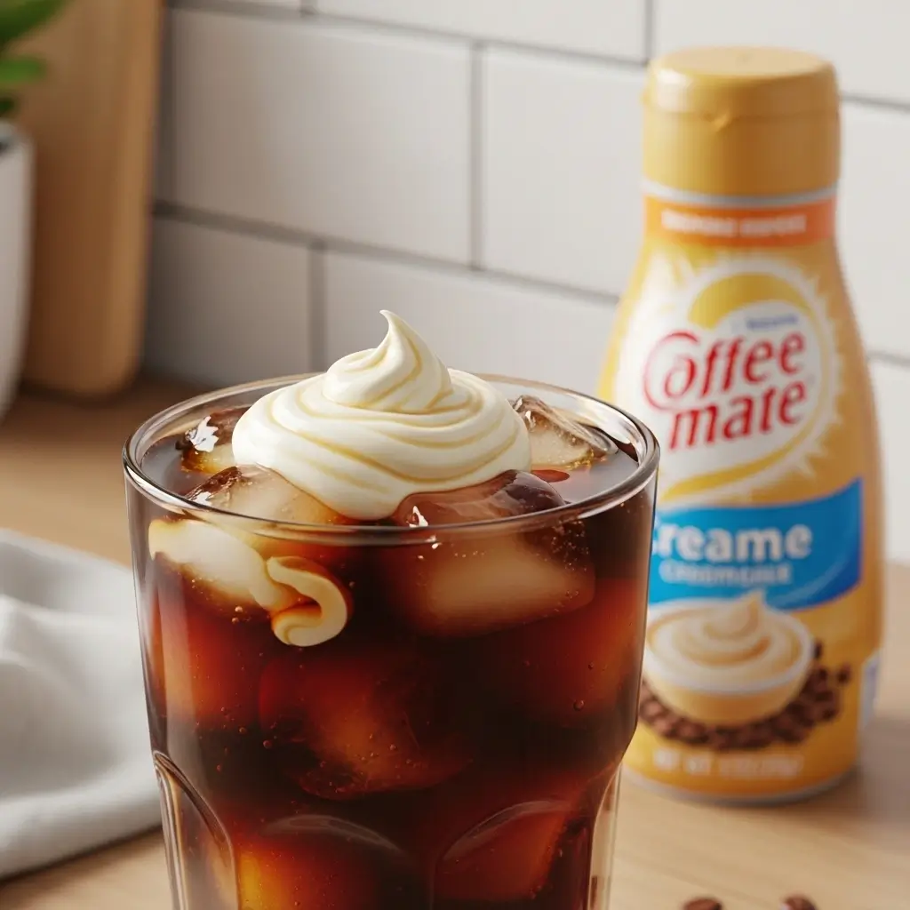 Iced coffee with creamy Coffee Mate creamer swirling inside a clear glass