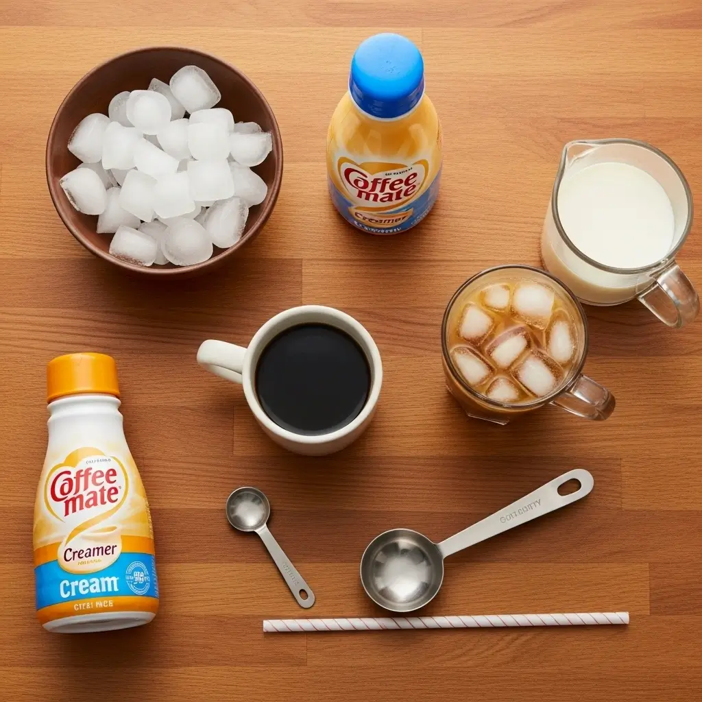 Flat lay of Coffee Mate creamer, brewed coffee, ice cubes, and tools for iced coffee