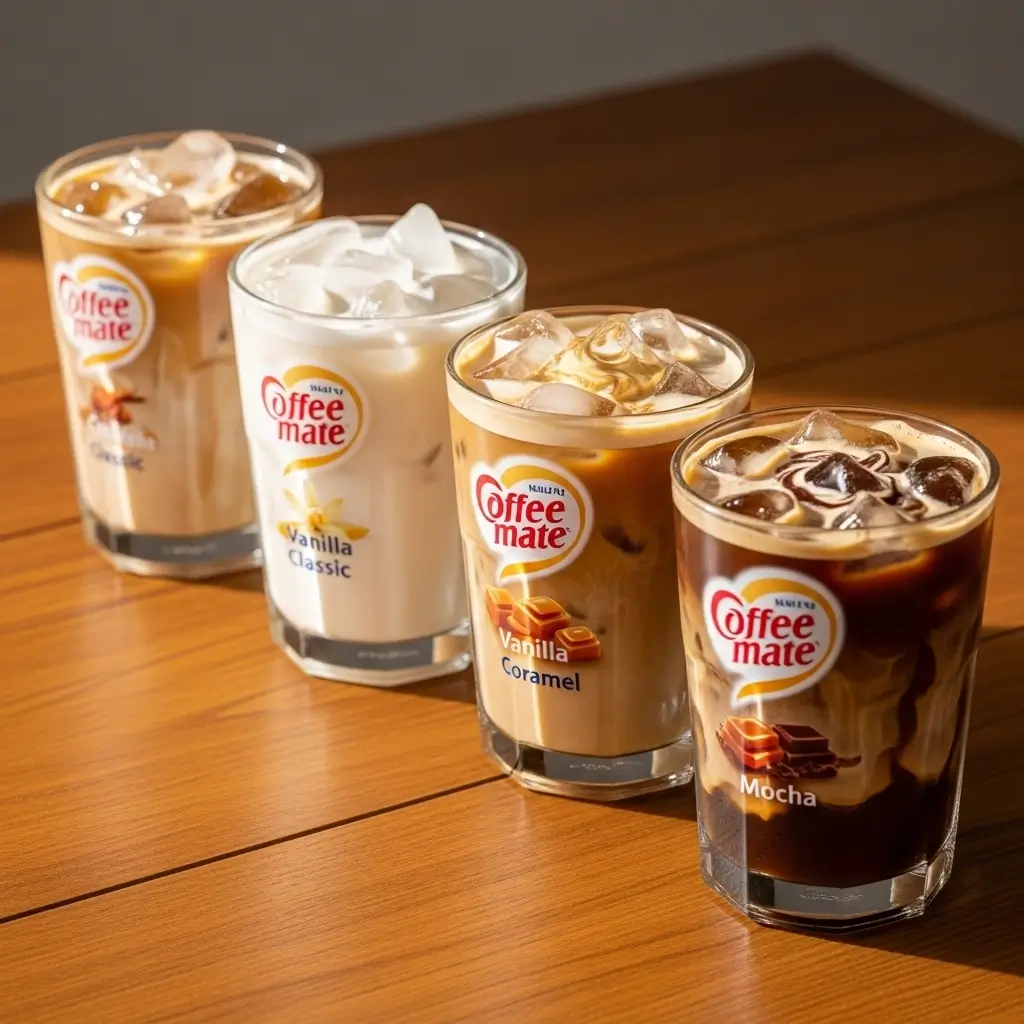 Four iced coffee glasses with different Coffee Mate creamer flavors and ice cubes