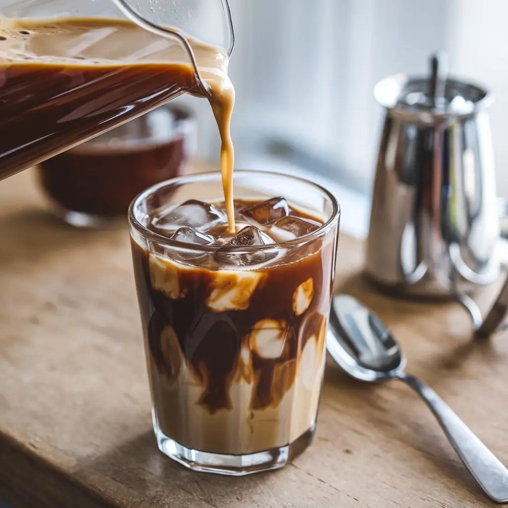Close-up of Coffee Mate creamer being poured into iced coffee with ice cubes