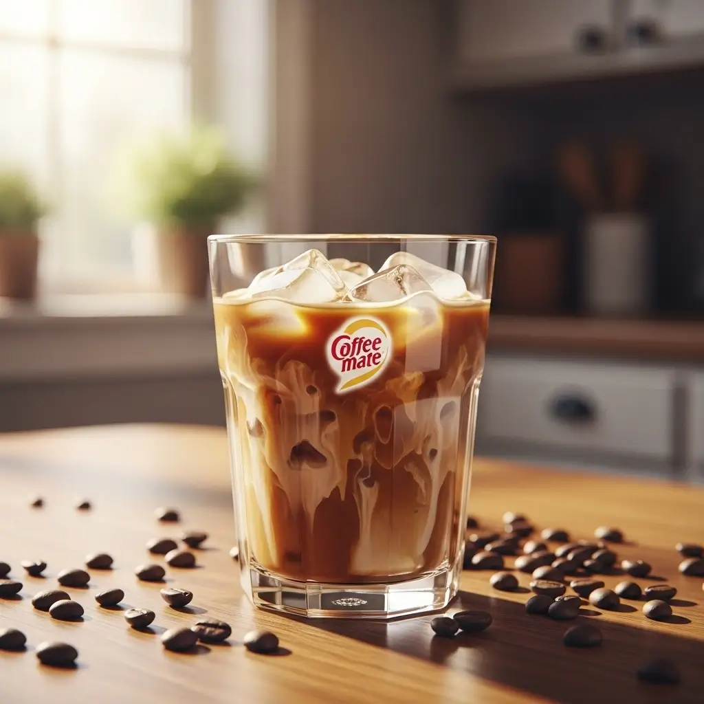 Iced coffee with Coffee Mate creamer swirls and coffee beans on wooden table