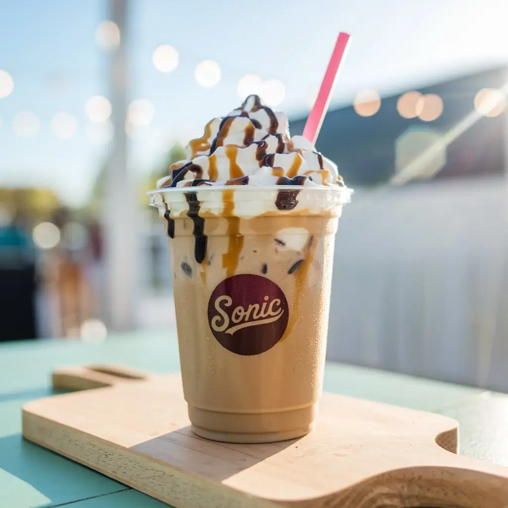 Sonic-style iced coffee with whipped cream, caramel, and chocolate drizzle
