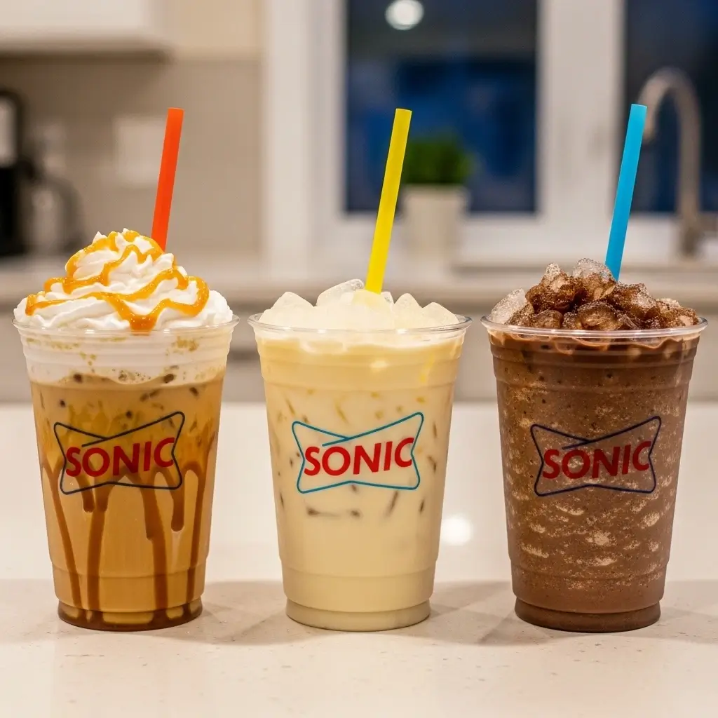 Three Sonic-inspired iced coffee drinks with caramel, vanilla, and mocha variations