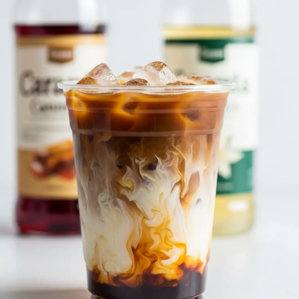 Layered Sonic-style iced coffee with visible syrups and creamy swirls