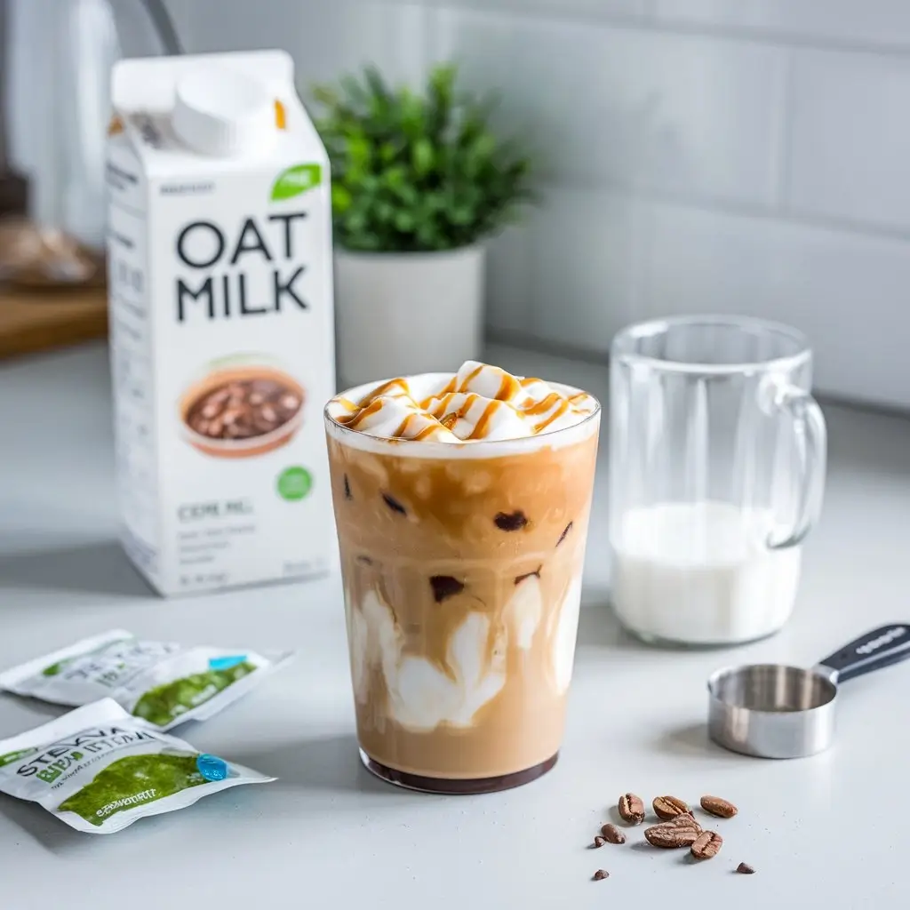 Healthier Sonic-style iced coffee with almond milk, ice, and sugar-free caramel