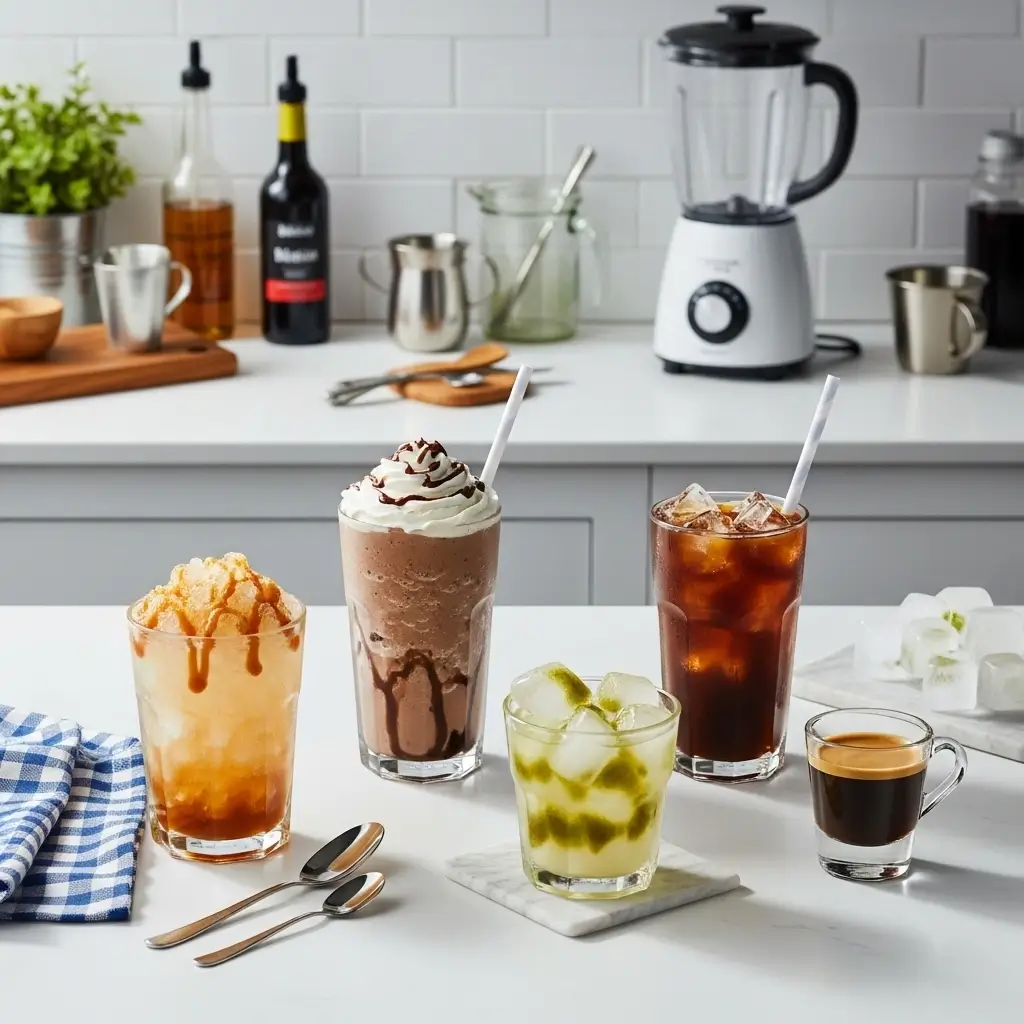 Four creative Sonic-style iced coffee variations with different ingredients and toppings