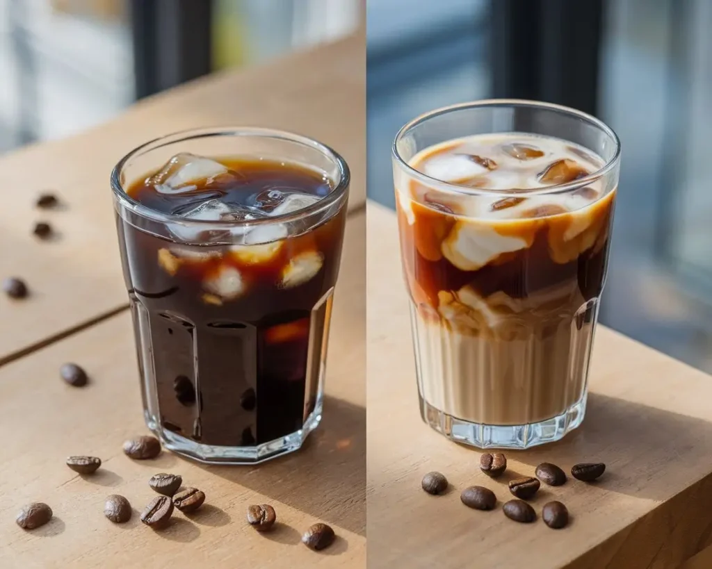 Cold brew coffee and iced coffee served side by side in clear glasses with ice
