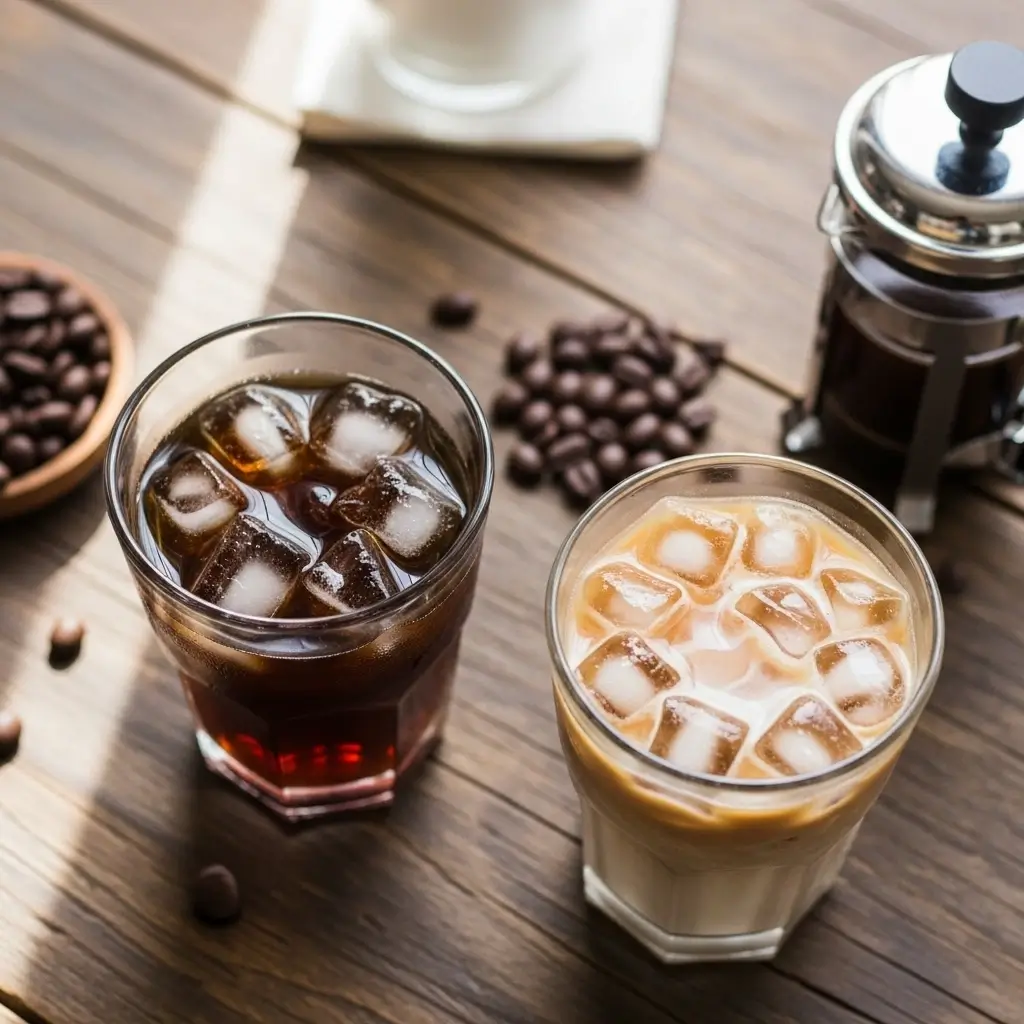 Cold brew and iced coffee in clear glasses showing color difference with coffee beans nearby