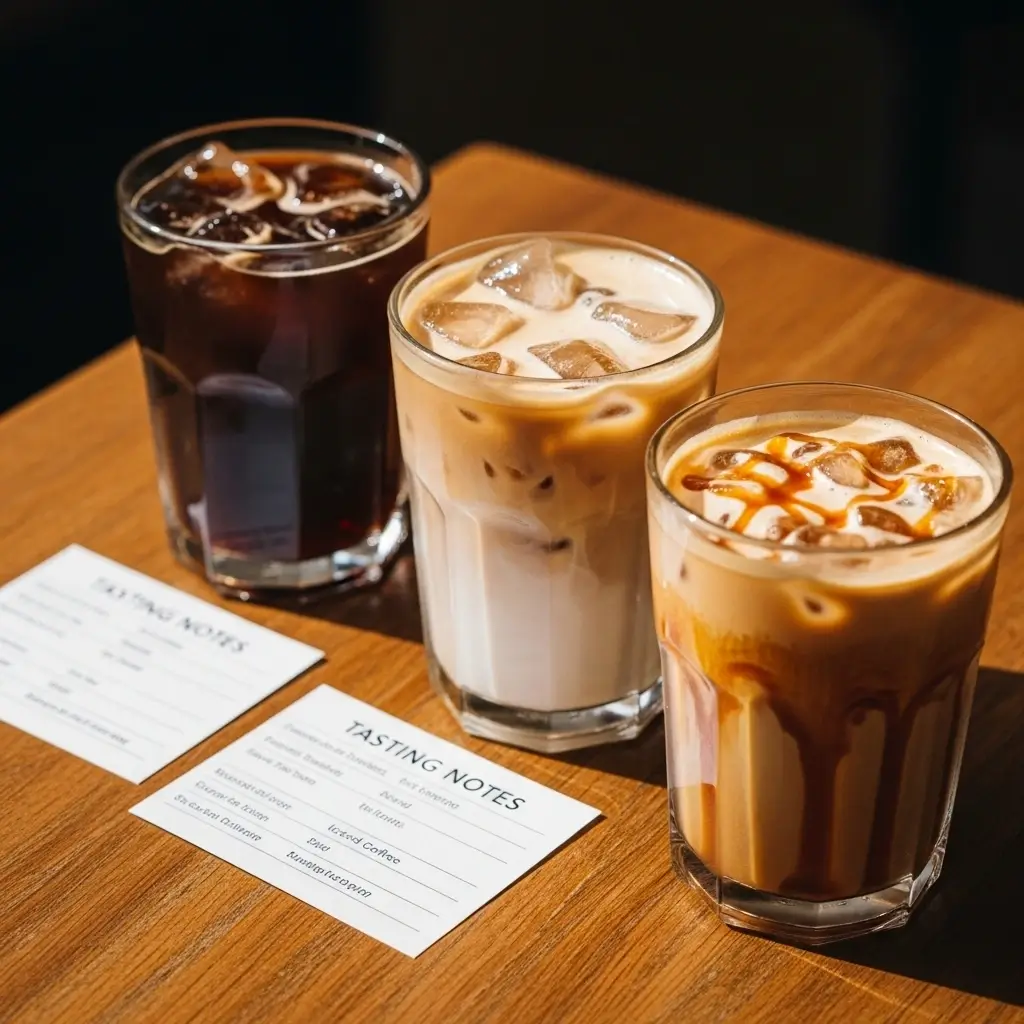 Three iced coffee drinks with tasting notes showing different flavor profiles