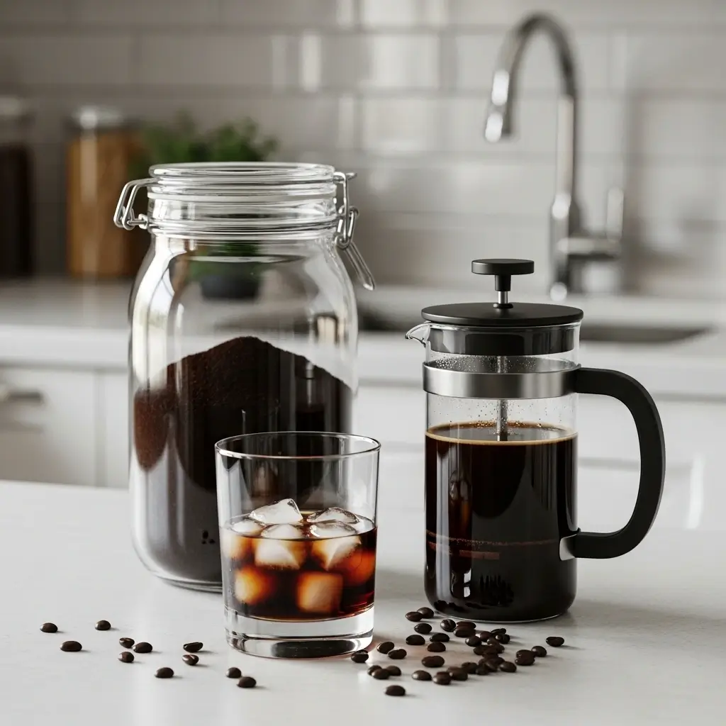 Cold brew coffee steeping in a jar and iced coffee with ice cubes on a kitchen counter